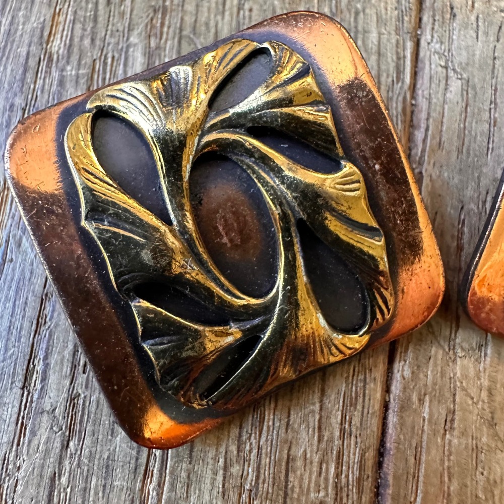 1970s‎ Clip On Earrings Women OS Ginkgo Leaf Square Copper Gold Tone Formal - Picture 3 of 6